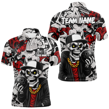 Maxcorners Custom Graffiti Skeleton Bowling Jersey for Men Bowling Team Shirts Bowling League Polo & 1/4 Zip