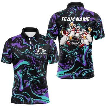 Maxcorners Custom Purple And Teal Drunk Bowling Balls And Pins Funny Beer Bowling Team Shirts For Men LM1910