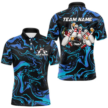 Maxcorners Custom Teal And Blue Funny Drunk Beer Bowling Balls And Pins Bowling Team Shirts For Men