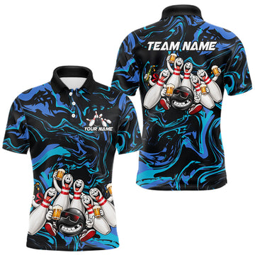 Maxcorners Custom Blue And Teal Drunk Bowling Balls And Pins Funny Beer Bowling Team Shirts For Men