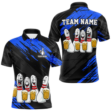 Maxcorners Custom Blue Funny Bowling Tournament Jersey for Men Bowling Team Shirts Polo & 1/4 Zip