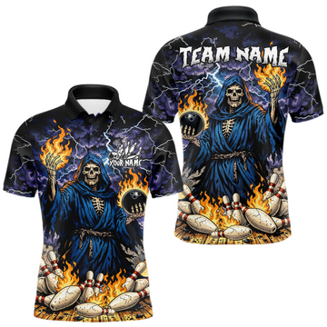 Maxcorners Custom Flame Grim Reaper Bowling Jersey for Men Polo & 1/4 Zip Bowling Team Shirts LM2602