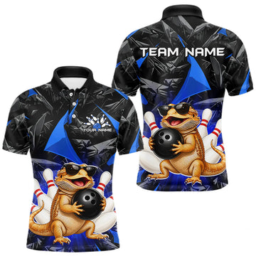 Maxcorners Custom Blue Funny Bearded Dragon Bowling Shirt for Men Bowling Team Shirts Bowling League LM2405