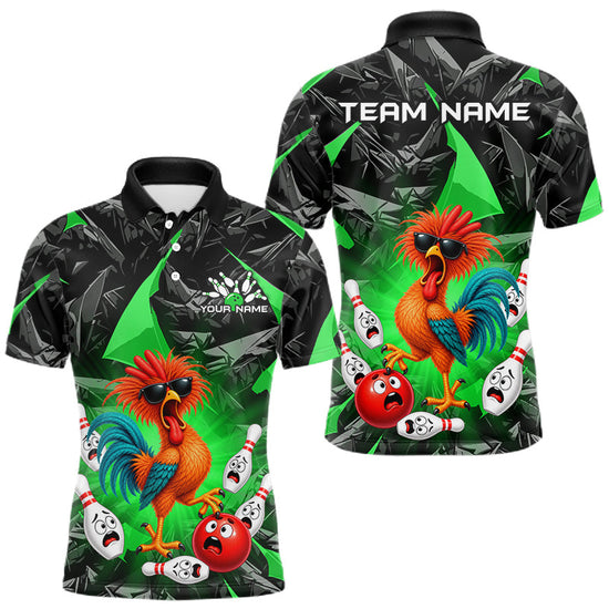 Maxcorners Custom Green Funny Chicken Bowling Team Jerseys for Men Bowling League Polo & 1/4 Zip