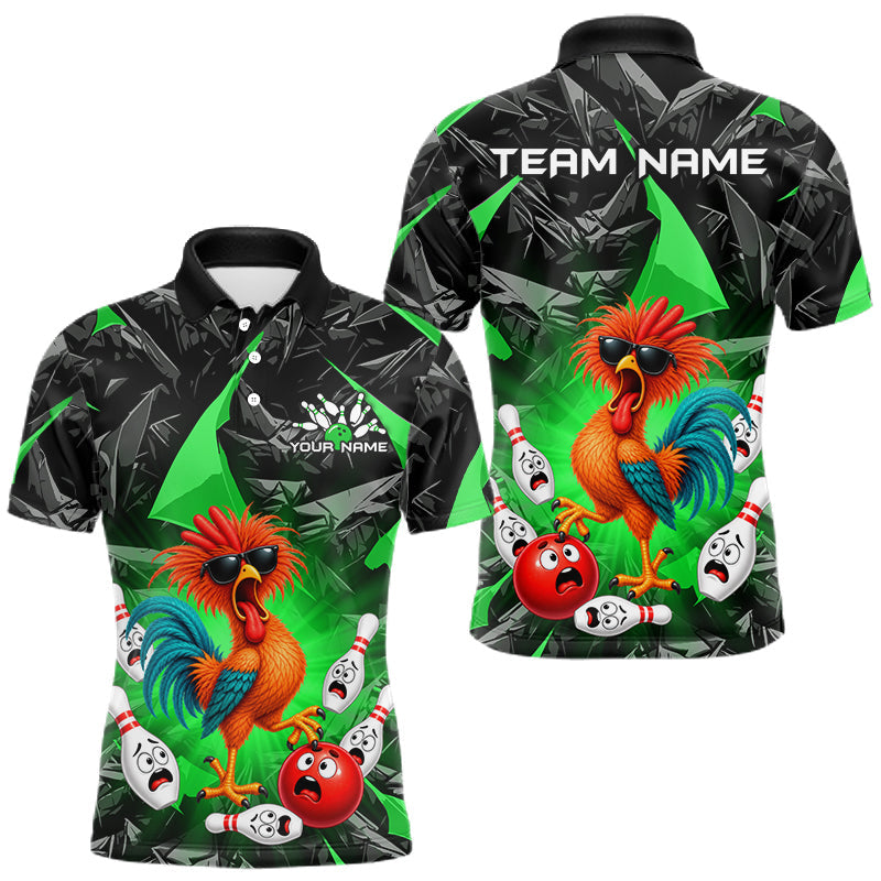 Maxcorners Custom Green Funny Chicken Bowling Team Jerseys for Men Bowling League Polo & 1/4 Zip