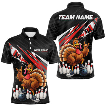 Maxcorners Custom Red Turkey Bowling Shirts For Men, Thanksgiving Bowling Team Jerseys for Bowler