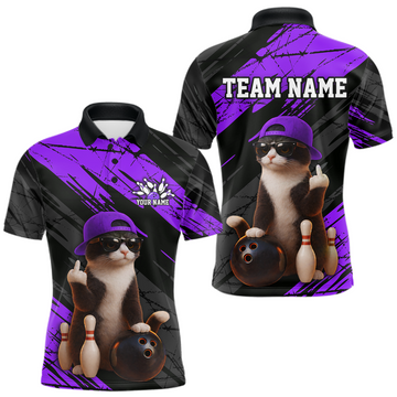 Maxcorners Custom Funny Cat Purple Bowling Jersey for Men Bowling Polo & 1/4 Zip Bowling Team Shirts