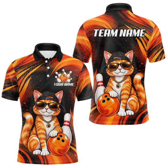Maxcorners Custom Orange Funny Cat Bowling Jerseys for Men Bowling Team Jerseys Bowling for Bowlers