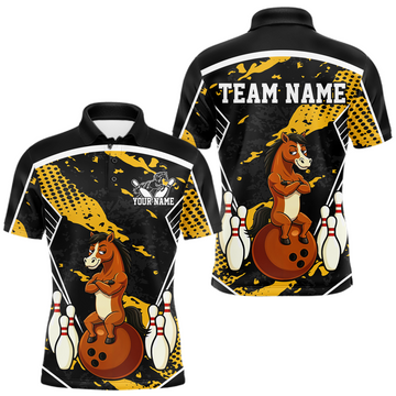 Maxcorners Custom Yellow Funny Horse Bowling Tournament Jersey for Men Bowling Team Shirts Polo & 1/4 Zip