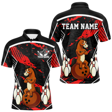 Maxcorners Custom Red Funny Horse Bowling Tournament Jersey for Men Bowling Team Shirts Polo & 1/4 Zip LM1812