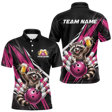Maxcorners Pink Funny Beer Raccoon Custom Bowling Shirts for Men Bowling Team Jersey Polo & 1/4 Zip