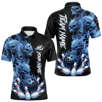Maxcorners Custom Flame Skull Bowling Jerseys for Men Bowling League Polo & 1/4 Zip Bowling Team Shirts LM2901
