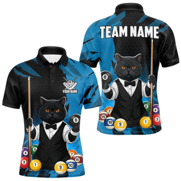 Maxcorners Custom Black Cat 8 Ball Pool Shirts Blue Billiard Shirt for Men Billiard Team Jersey Billiard Gift LM2704