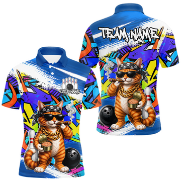 Maxcorners Custom Graffiti Funny Cat Bowling Team Jersey Bowling Shirt for Men Bowling League Polo &1/4 Zip LM2405