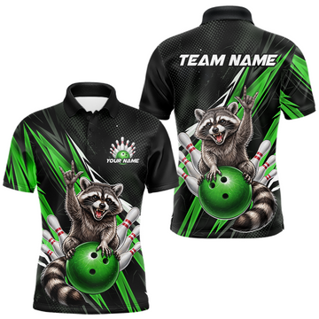 Maxcorners Custom Green Raccoon Bowling Jersey for Men Bowling Team Shirts Bowling Polo & 1/4 Zip LM2603