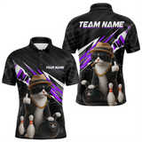 Maxcorners Custom Purple Funny Cat Bowling Jersey for Men Bowling Shirt Polo & 1/4 Zip Bowling Team Shirts TU2810