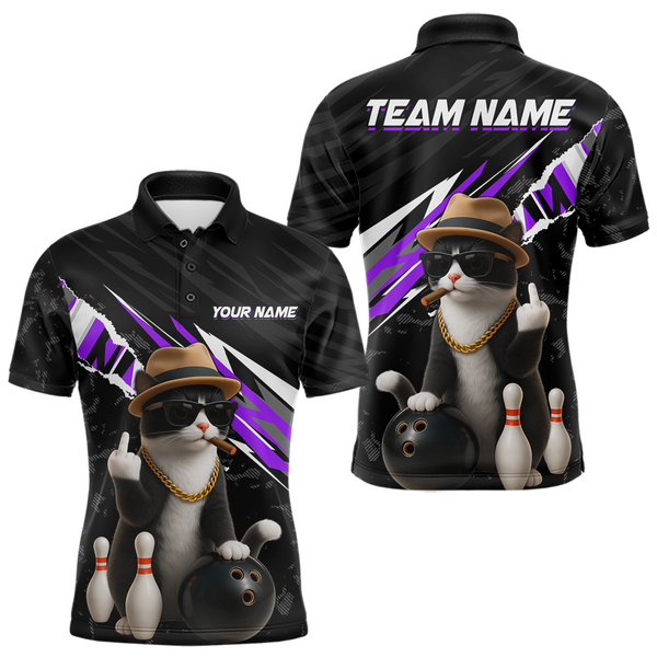 Maxcorners Custom Purple Funny Cat Bowling Jersey for Men Bowling Shirt Polo & 1/4 Zip Bowling Team Shirts TU2810