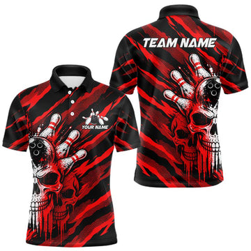 Maxcorners Red Camo Skull Bowling Shirt, Custom Bowling Shirts for Men Bowling Team Jersey for Bowler