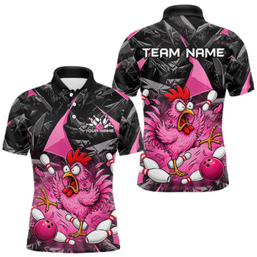 Maxcorners Pink Funny Chicken Bowling Jersey for Men, Custom Breast Cancer Bowling Team Shirts LM0409