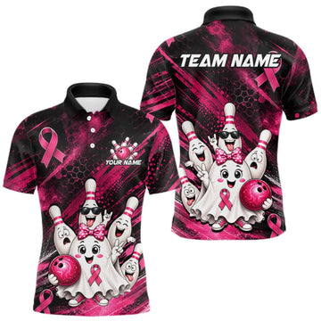 Maxcorners Custom Pink Funny Ghost Halloween Bowling Jersey for Men, Breast Cancer Bowling Team Shirts LM0409