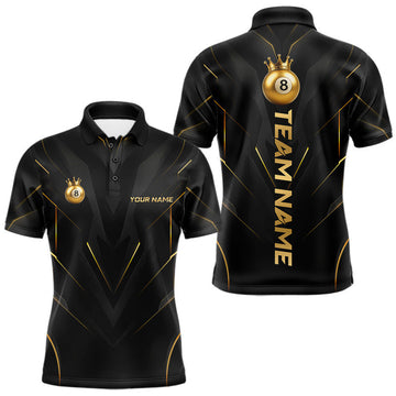 Maxcorners Custom Black Gold Crown 8 Ball Billiard Shirts for Men Billiard Team Jerseys Billiard League