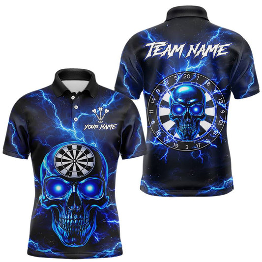 Maxcorners Custom Blue Lightning Thunder Skull Dart Shirts For Men Darts Team Jerseys Polo & 1/4 Zip LM0602