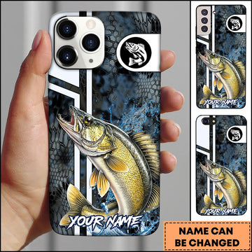 Maxcorners Walleye Fishing Blue Splash Honeycomb Pattern Personalized Name 3D Phone Case