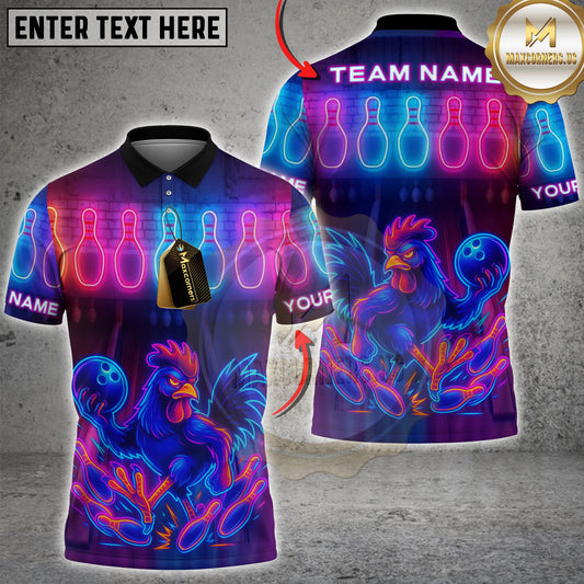Maxcorners Bowling Neon Rooster Personalized Name 3D Unisex Shirt
