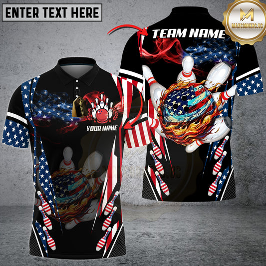 Maxcorners American Flag Bowling Fireball Strike Personalized Name 3D Unisex Shirt