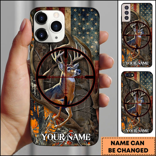 Maxcorners Hunting Whitetail Buck Crosshair American Flag Personalized Name 3D Phone Case