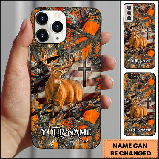 Maxcorners Hunting Whitetail Deer Faith Cross American Flag Personalized Name 3D Phone Case