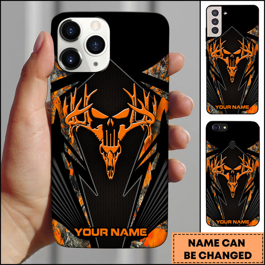 Maxcorners Hunting Deer Skull Antlers Orange Black Tactical Personalized Name 3D Phone Case