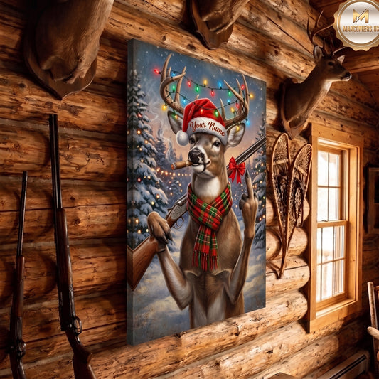 Maxcorners XMAS Deer Hunting Funny Buck Hat Cigar Rifle Middle Finger Personalized Canvas Wall Art