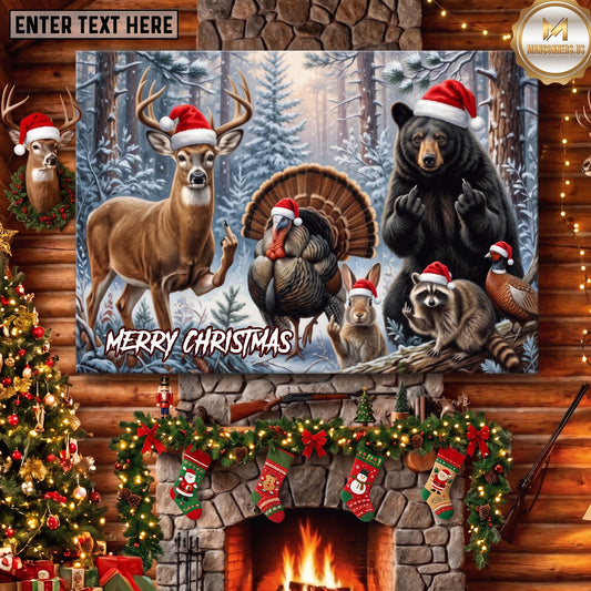 Maxcorners XMas Hunting Funny Deer Bear Turkey Rabbit Raccoon Pheasant Forest Gang Wildlife Scene Canvas Wall Art