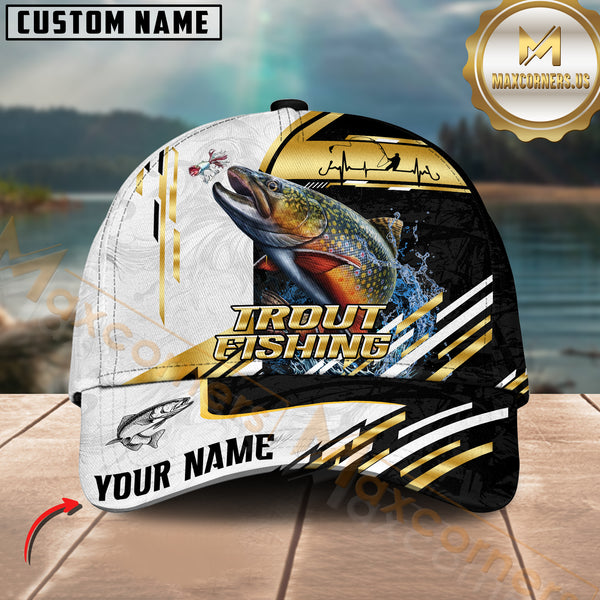 Maxcorners Trout Fishing Black White Gold Premium Pattern Sport Pattern Personalized Name 3D Cap MT78