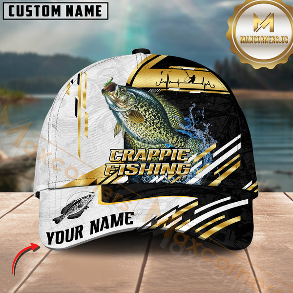 Maxcorners Crappie Fishing Black White Gold Premium Pattern Sport Pattern Personalized Name 3D Cap MT78