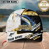 Maxcorners Marlin Fishing Black White Gold Premium Pattern Sport Pattern Personalized Name 3D Cap MT78