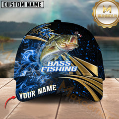 Maxcorners Bass Fishing Fire Gold Pattern With Blue Flame Pattern Sport Pattern Personalized Name 3D Cap MT78