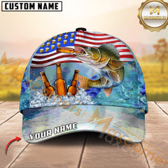 Maxcorners Walleye Fishing Beer With USA Flag Pattern Sport Pattern Personalized Name 3D Cap MT78