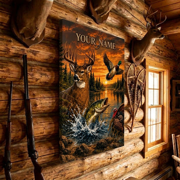 Maxcorners Hunting Deer Duck Bass Turkey Sunset Lake Sunset Wildlife Scene Canvas Wall Art