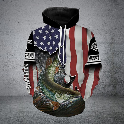 Maxcorners Musky Fishing American Flag Custom Long Sleeve Fishing