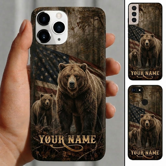 Maxcorners Hunting Bear Rustic American Flag Woodland Customized Name Phone Case