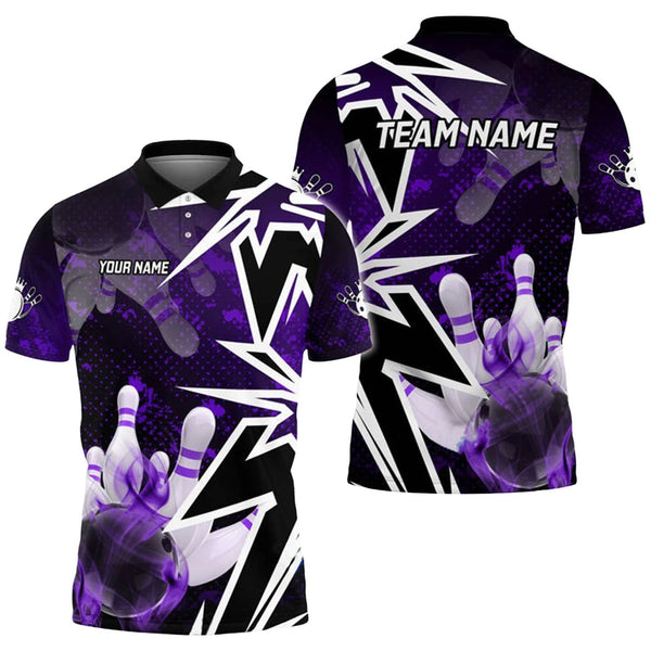 MaxCorners Bowlings Purple Smoke Pattern Customized Name 3D Bowling Polo Shirt For Men