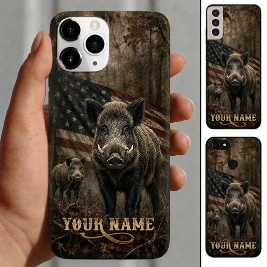 Maxcorners Hunting Boar Rustic American Flag Woodland Customized Name Phone Case