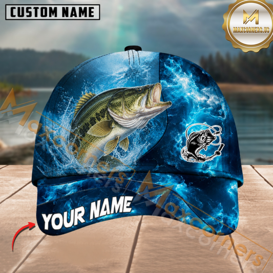 Maxcorners Fishing Electric Blue Wave Splash Custom Name 3D Cap