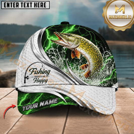 Maxcorners Fishing Green Lightning White Scale Water Splash Customized Name 3D Cap