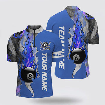 MaxCorners Billiard 8 Ball Fire Smoke Blue Jerseys  Customized Name And Team Name 3D Zip Polo Shirt For Men