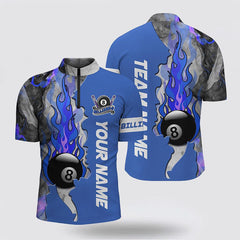 MaxCorners Billiard 8 Ball Fire Smoke Blue Jerseys  Customized Name And Team Name 3D Zip Polo Shirt For Men