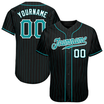Maxcorners Custom Black Aqua Pinstripe Teal-White Authentic Baseball Jersey LM2605