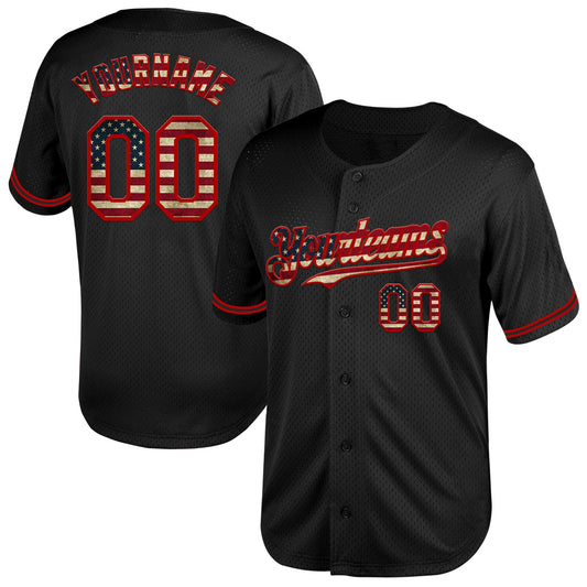 Maxcorners Custom Red Vintage USA Flag-Black Mesh Premium Throwback Baseball Jersey LM0210